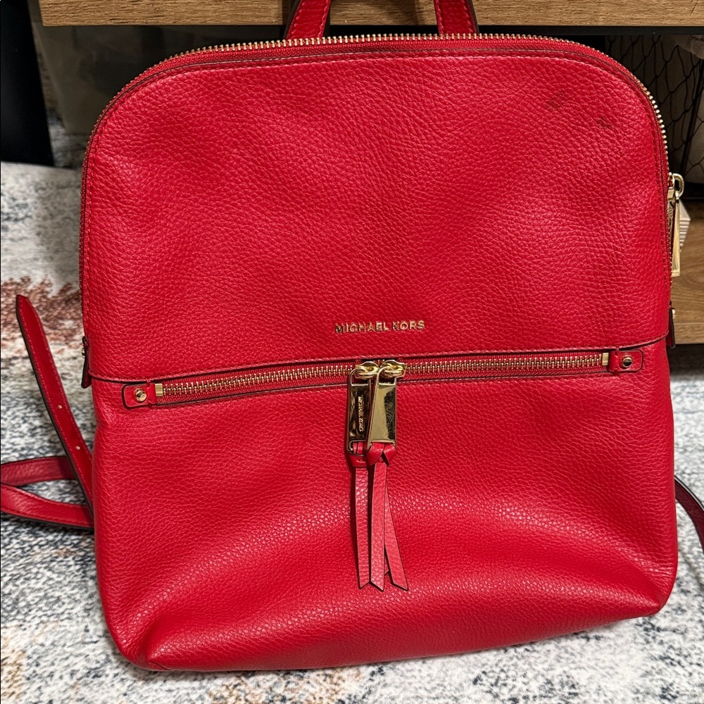 Michael Kors Red Pebbled Leather Backpack with Gold Hardware